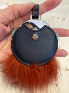 Used FENDI Black Leather W/furry Key Ring
