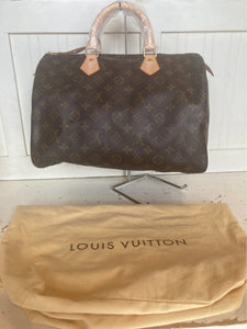 Louis Vuitton Brown Leather Monogram "Speedy" Purse, Handles Repaired