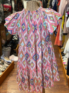 Charina Sarte Pink & Beige Cotton Print Pintucks Short Sleeve Dress, Size M