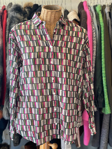 Hartford Pink & Green Cotton Print Button Up Top, Size 1=S