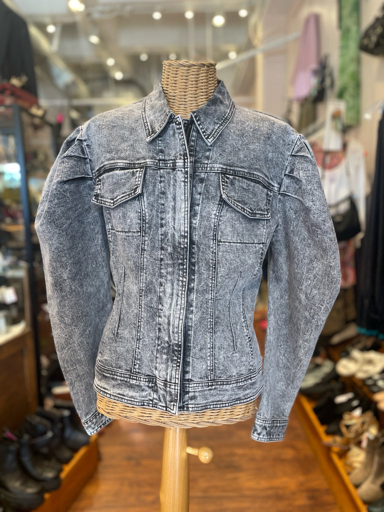 Norma Kamali Grey Wash Cotton & Poly Zip Up Jacket, Size 4