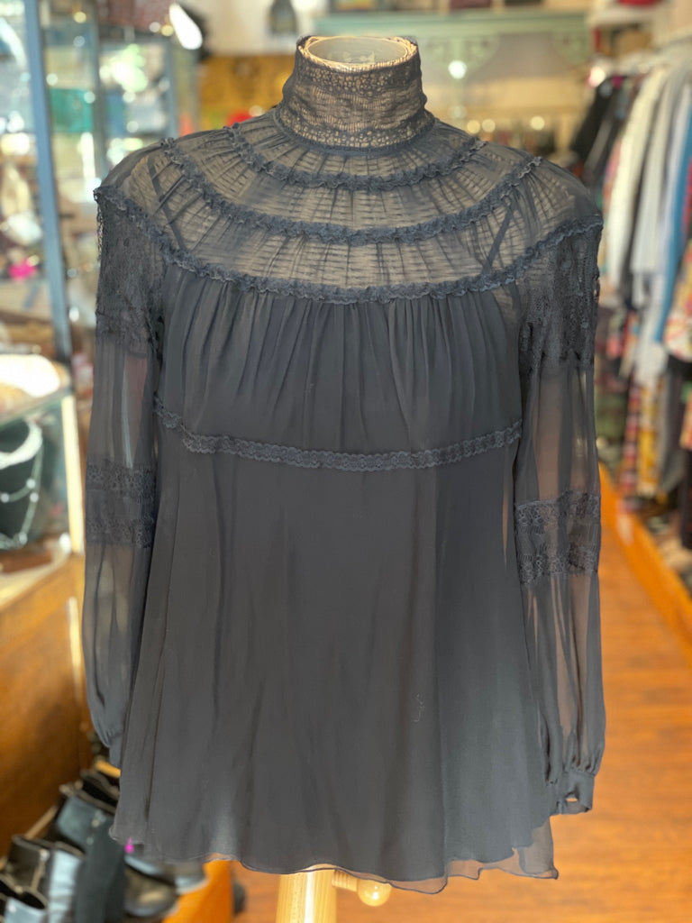 Alberta Ferretti Black Acetate & Silk Lace Sheer Blouse, Size 4