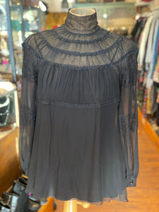 Alberta Ferretti Black Acetate & Silk Lace Sheer Blouse, Size 4