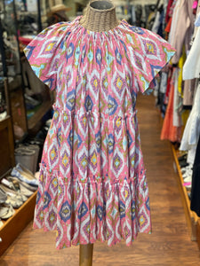 Charina Sarte Pink & Beige Cotton Print Pintucks Short Sleeve Dress, Size M