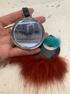 Used FENDI Black Leather W/furry Key Ring