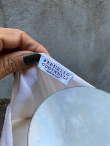 Brunello Cuccinelli Beige Silk Beaded Trim Top, Size M