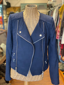 Veronica Beard Navy Cotton Blend Frayed Moto Style Jacket, Size 6