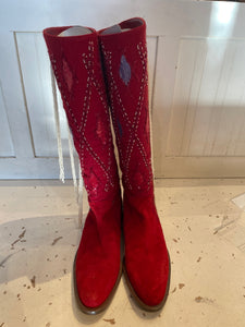 ETRO Red Textile Leather Lined Tall Boot W/Beaded Embellishment, Size 36.5