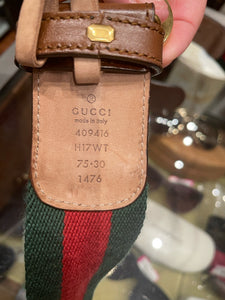 GUCCI Red & Green Canvas Stripe W/Brass Buckle Belt, Size 30