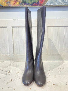 CHLOE Gray Leather Wooden Heel Tall Boots, Size 38