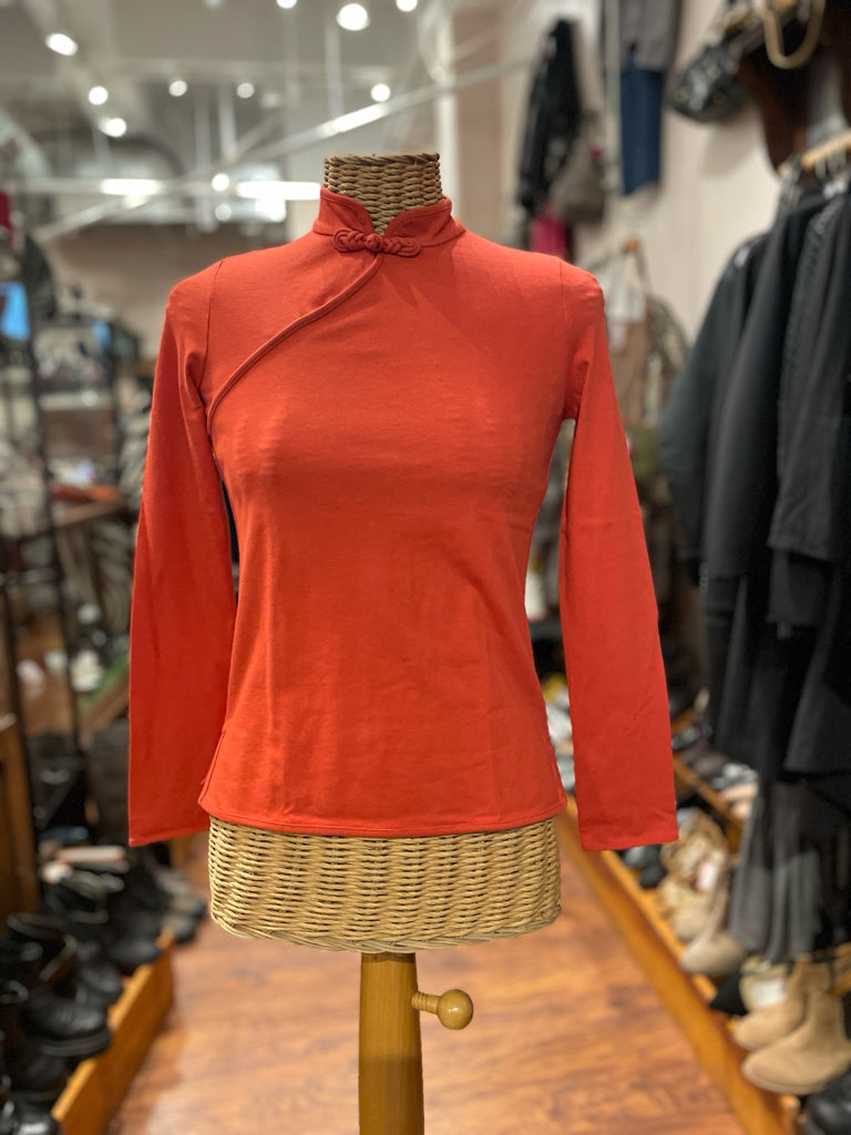 Shanghai Tang Orange Cotton Collar Detail Longsleeve Top, Size S