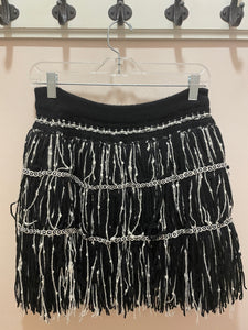 Used CHANEL Black & White Cashmere/Wool Blend Fringe Mini Skirt, Size 38