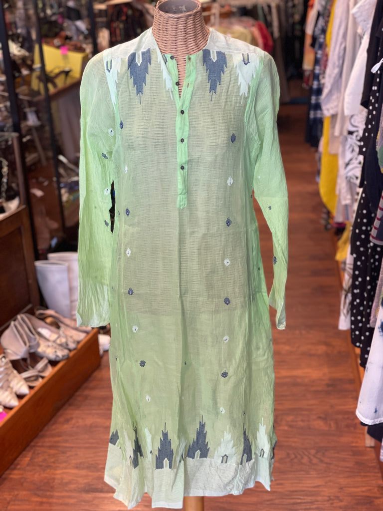 Dosa Green Khadi Cotton Sheer W/Embroidery Tunic, Size 2=M