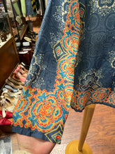 Load image into Gallery viewer, Johnny Was Floral &amp; Shapes Longsleeve Tie Detail Blue &amp; Multi Silk Top, Size S
