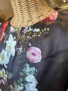 Adam Lippes Black Silk/Viscose Floral Longsleeve Pleated Back Dress, Size 4