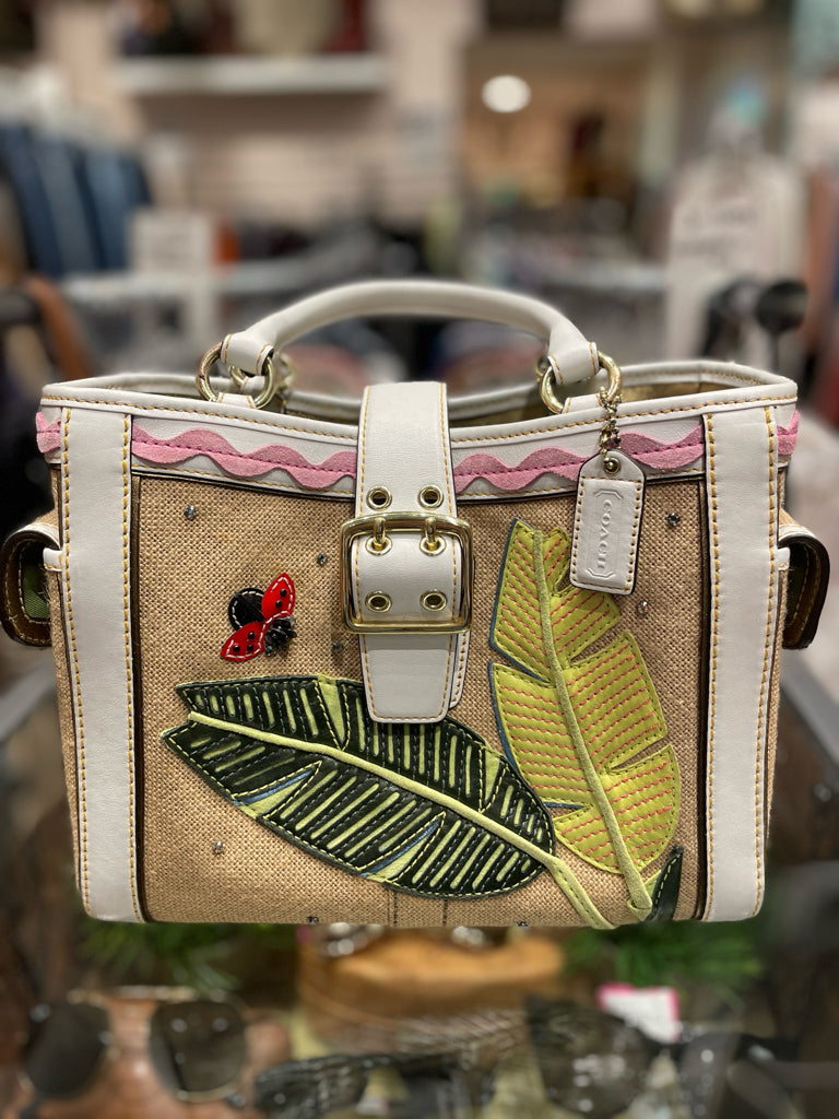 Coach Beige & White Palm Leaves + Lady Bug Square Tote Purse W/Leather Detail