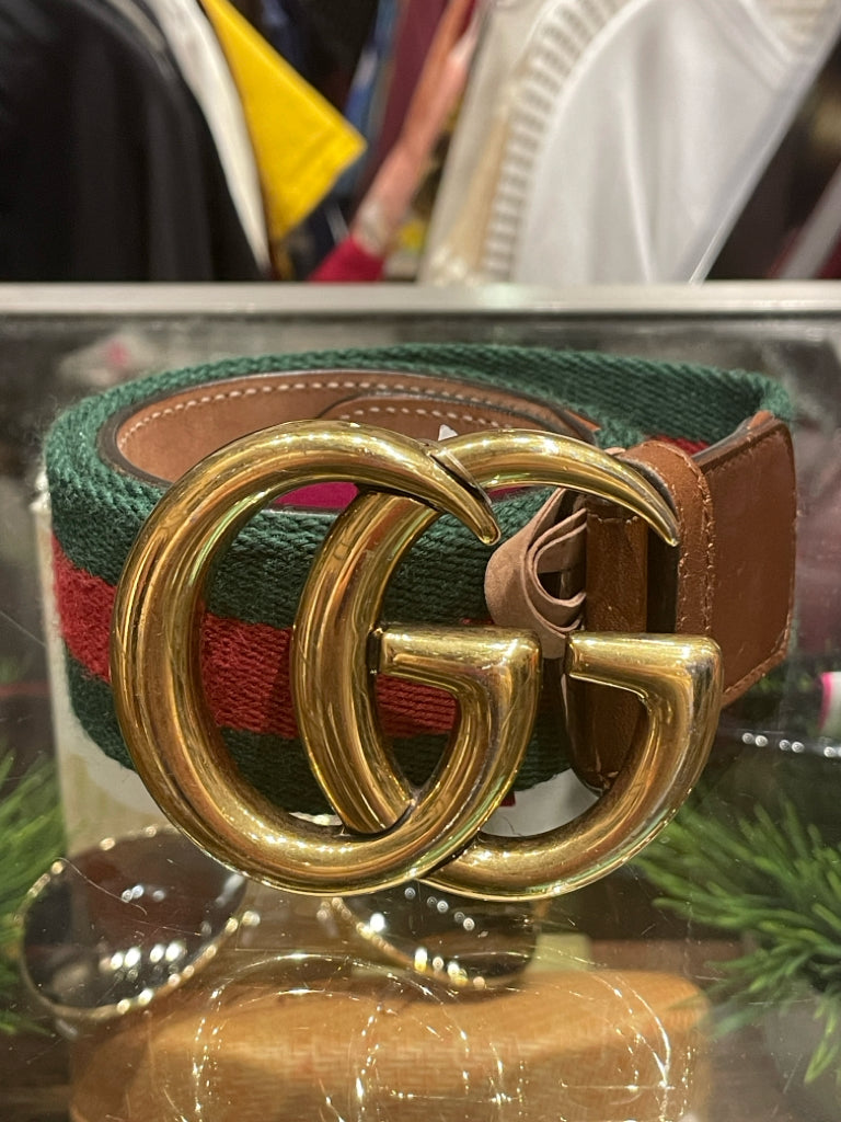 GUCCI Red & Green Canvas Stripe W/Brass Buckle Belt, Size 30
