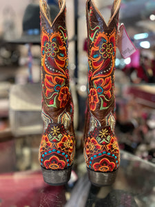 Old Gringo Brown W/Multicolor Embroidery Detail Cowboy Boots, Size 9.5