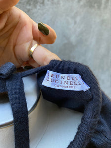 Brunello Cuccinelli Slate Cashmere/Silk Beaded Accents Structured Collar Top, Size M