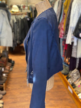 Load image into Gallery viewer, Veronica Beard Navy Cotton Blend Frayed Moto Style Jacket, Size 6
