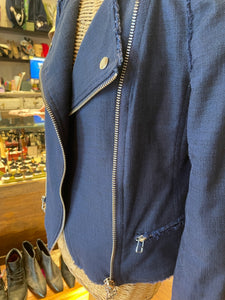 Veronica Beard Navy Cotton Blend Frayed Moto Style Jacket, Size 6