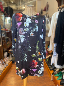 Adam Lippes Black Silk/Viscose Floral Longsleeve Pleated Back Dress, Size 4