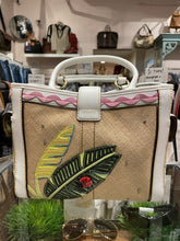 Load image into Gallery viewer, Coach Beige &amp; White Palm Leaves + Lady Bug Square Tote Purse W/Leather Detail
