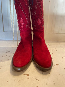 ETRO Red Textile Leather Lined Tall Boot W/Beaded Embellishment, Size 36.5